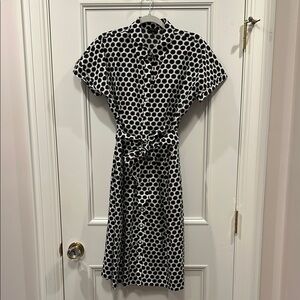 Talbots Black and White Sheath Dress with Mock Neck and Flutter Sleeves